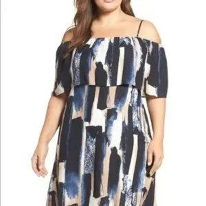 NWT Nordstrom Sejour off-the-shoulder midi dress, abstract print, Plus 14W, blue